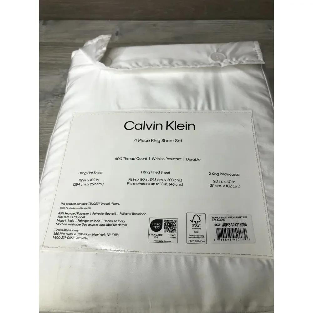 Calvin Klein 400 TC White King Sheet Set Tencel Lyocell Fibers - 4 Piece Bedroom